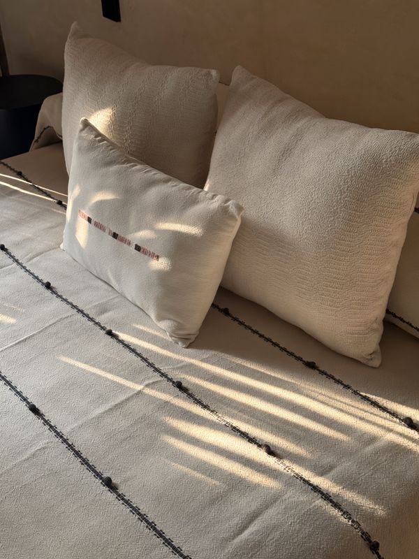 Morning light across the pillows and linen